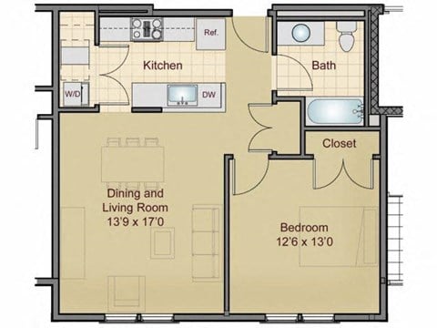 Floor plan for 1 bed, 1 bath, 660 sqft